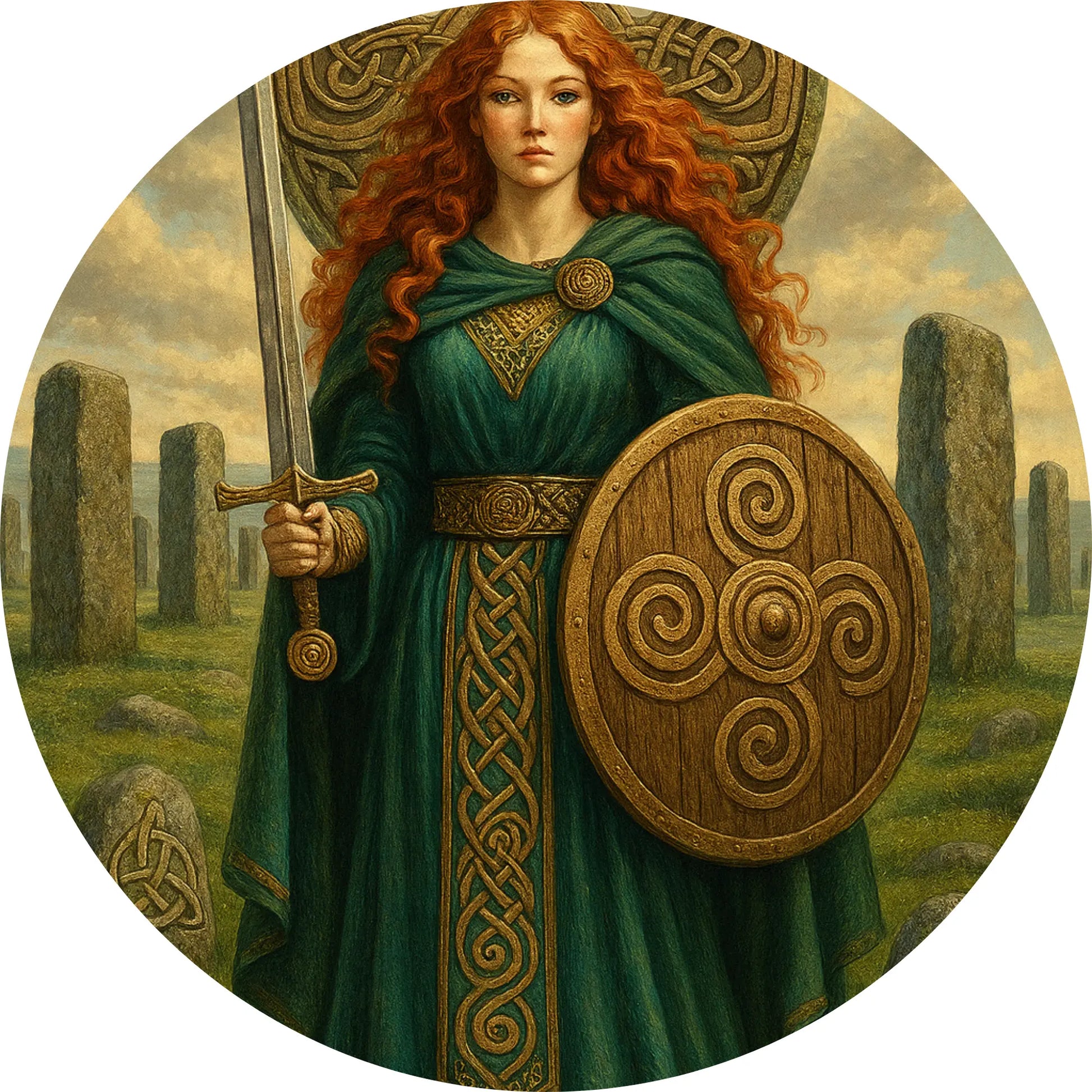 Keltische Kriegerin mit Rundschild – Eine starke Frau in grünem Gewand mit verziertem Schild steht zwischen uralten Steinen.