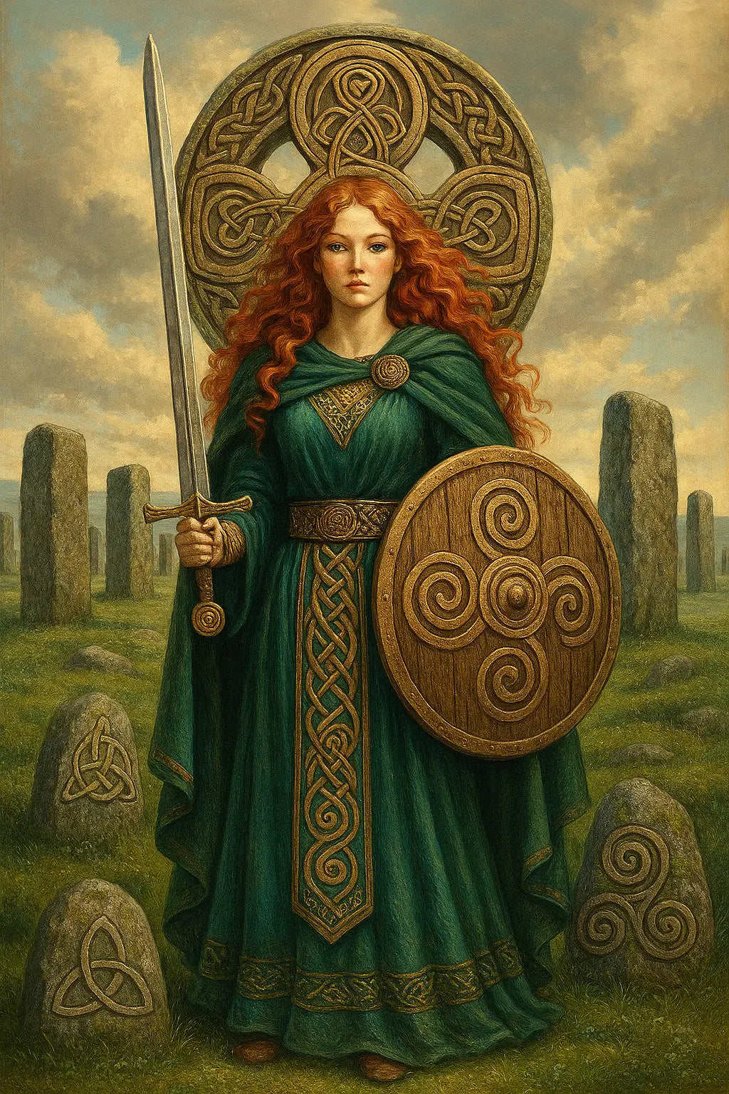 Keltische Kriegerin mit Schild und Schwert: Rote Kämpferin vor Steinkreis – Symbol für Stärke, Schutz und weibliche Macht.