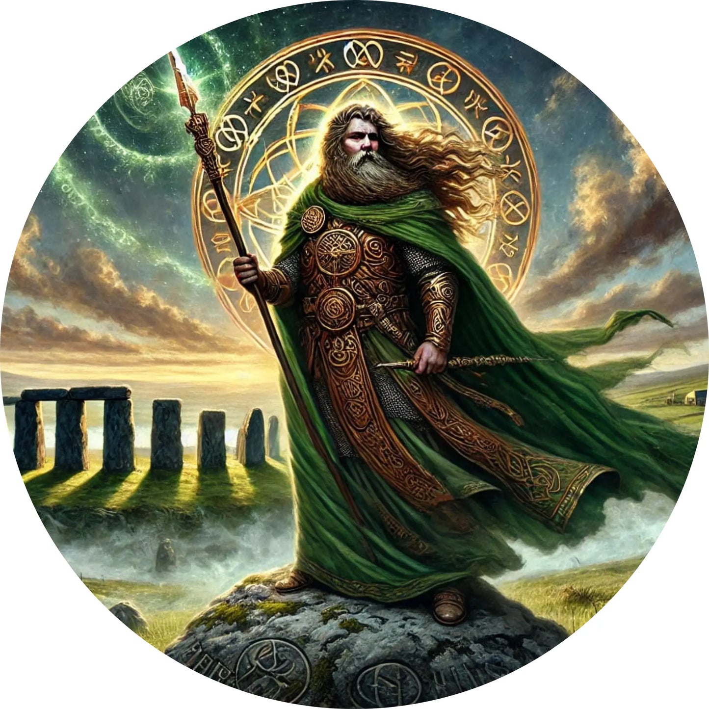Keltischer Krieger mit Magieornamenten – Ein Krieger mit Speer und keltischem Umhang steht vor Steinkreisen, mit goldenen Symbolen umgeben.