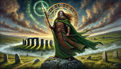 Keltischer Magier mit Runen: Mystischer Zauberer mit grünem Umhang, leuchtenden Runenkreisen und Stonehenge im Hintergrund.