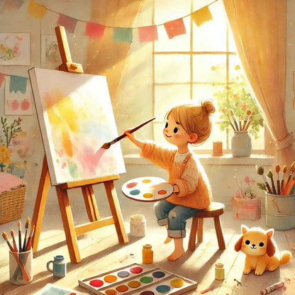 Kind malt an einer Staffelei im Atelier – kreatives Hobby-Motiv.