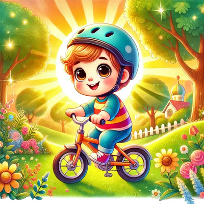 Kind fährt Fahrrad mit Sonnenstrahlen im Hintergrund – energiegeladenes Motiv.

