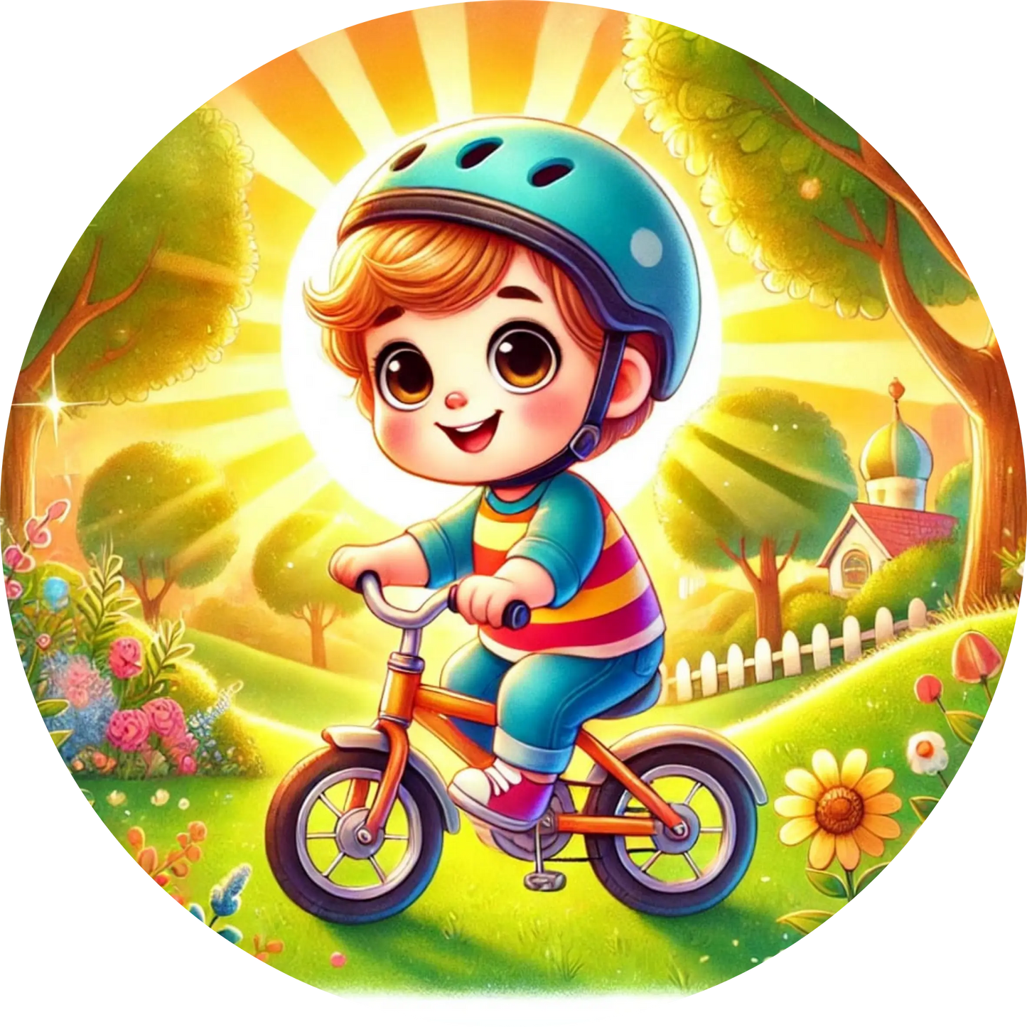 Kind auf einem bunten Fahrrad, fröhlich im Sonnenschein unterwegs, umgeben von Blumen und grünem Garten