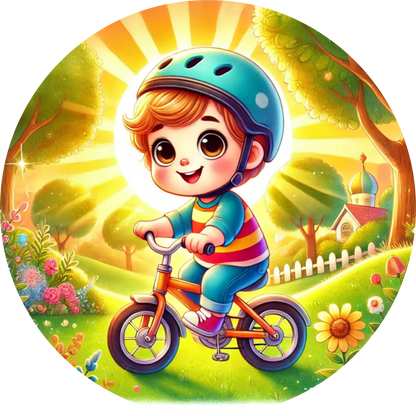 Kind auf einem bunten Fahrrad, fröhlich im Sonnenschein unterwegs, umgeben von Blumen und grünem Garten