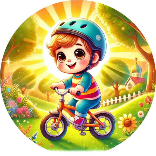 Kind auf einem bunten Fahrrad, fröhlich im Sonnenschein unterwegs, umgeben von Blumen und grünem Garten