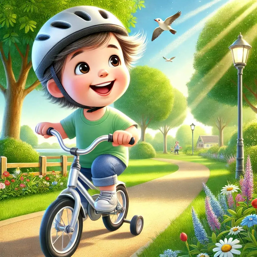 Kind mit Helm fährt begeistert Fahrrad im Park.