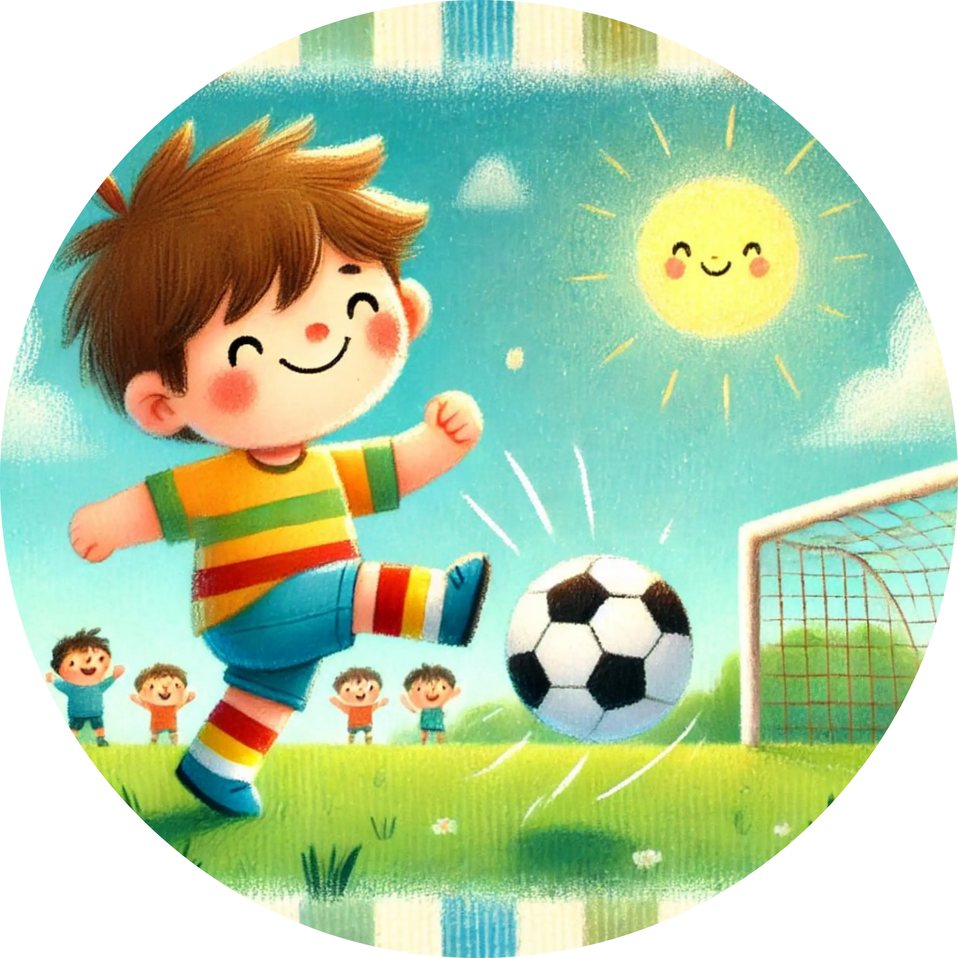 Kind mit Fußball springt fröhlich über das Feld – strahlende Farben und lachende Sonne