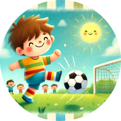 Kind mit Fußball springt fröhlich über das Feld – strahlende Farben und lachende Sonne