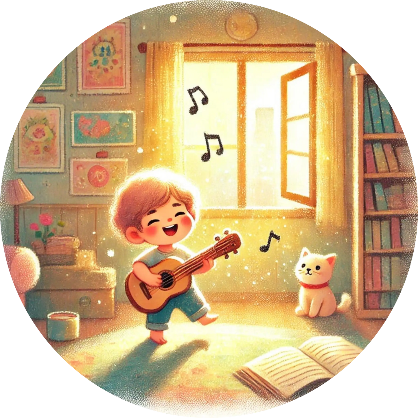 Kind spielt Gitarre im gemütlichen Kinderzimmer voller Bücher und Musiknoten