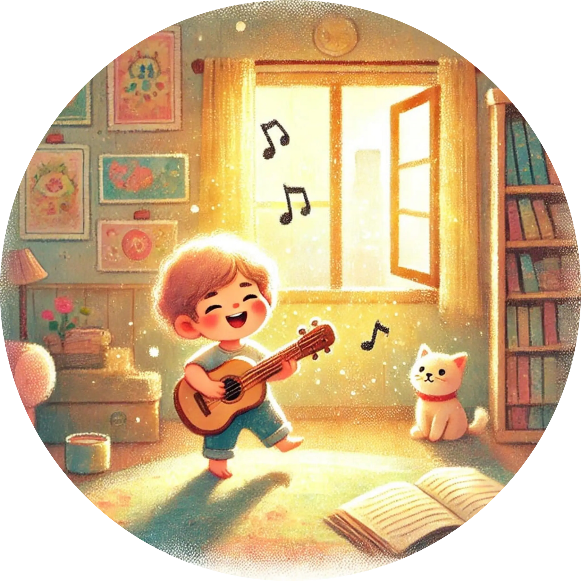 Kind spielt Gitarre im gemütlichen Kinderzimmer voller Bücher und Musiknoten