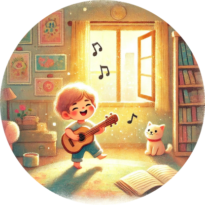 Kind spielt Gitarre im gemütlichen Kinderzimmer voller Bücher und Musiknoten