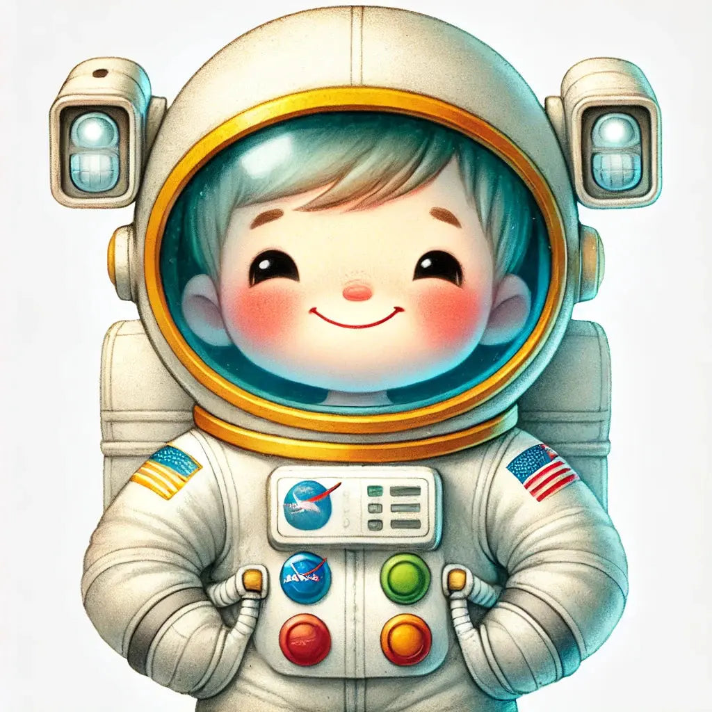 Kindlicher Astronaut mit Helm und buntem Raumanzug lächelt direkt in die Kamera.
