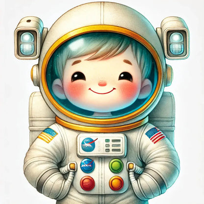 Kindlicher Astronaut mit Helm und buntem Raumanzug lächelt direkt in die Kamera.