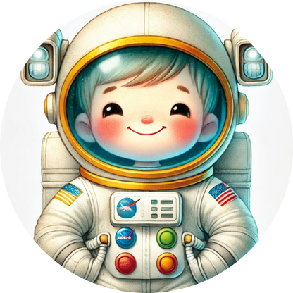 Fröhlicher Kinderastronaut mit großen Augen

