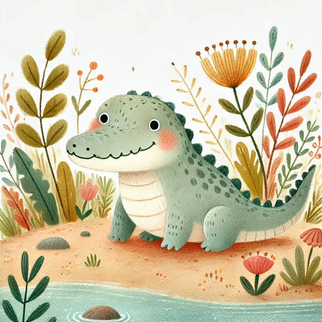 Fröhliches Krokodil auf einem See mit Palmen.