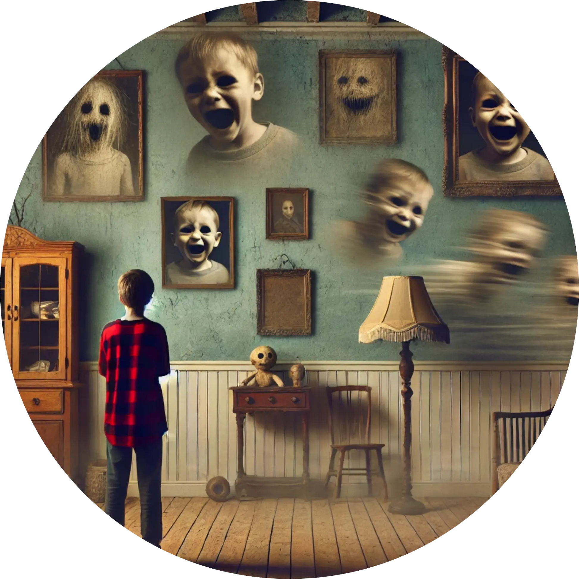 Wohnzimmer mit schwebenden Köpfen und unheimlicher Kinderpuppe