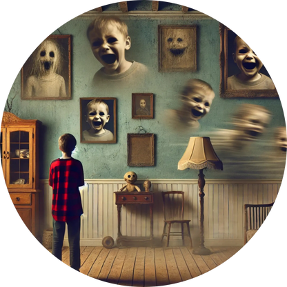 Wohnzimmer mit schwebenden Köpfen und unheimlicher Kinderpuppe