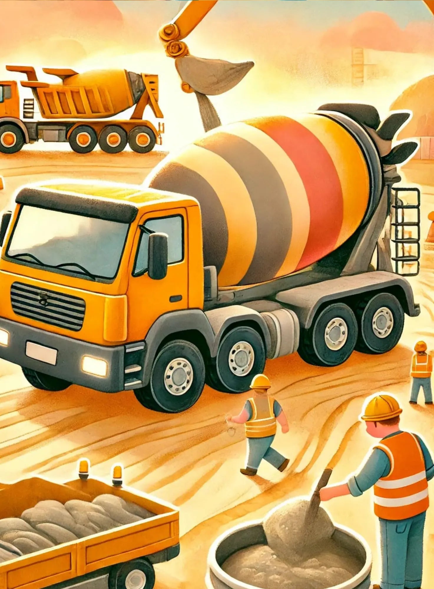 Zwei Bagger und Kipplaster arbeiten auf einer Großbaustelle.