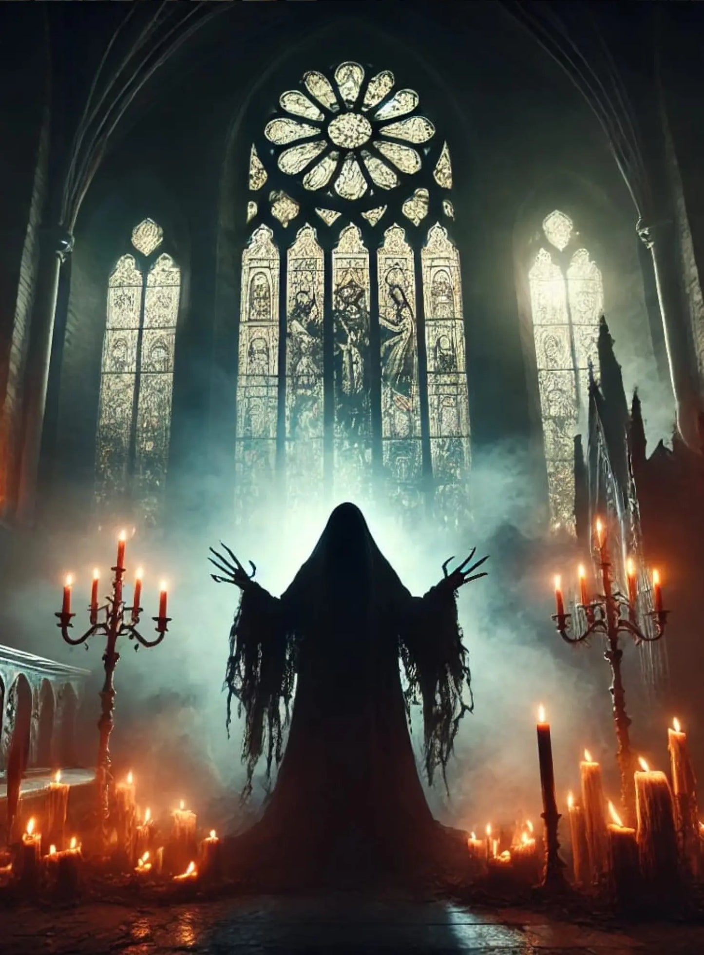 Gestalt vor gotischem Kirchenfenster
„Eine dunkle Gestalt steht vor einem leuchtenden Kirchenfenster – wie eine dämonische Erscheinung in heiliger Umgebung.“