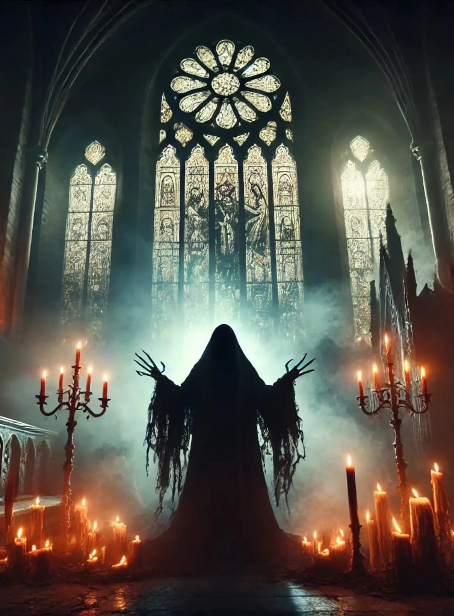 Gestalt vor gotischem Kirchenfenster
„Eine dunkle Gestalt steht vor einem leuchtenden Kirchenfenster – wie eine dämonische Erscheinung in heiliger Umgebung.“