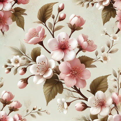 Zarte Kirschblütenzweige mit rosafarbenen Blüten und braungrünen Blättern auf hellem Hintergrund