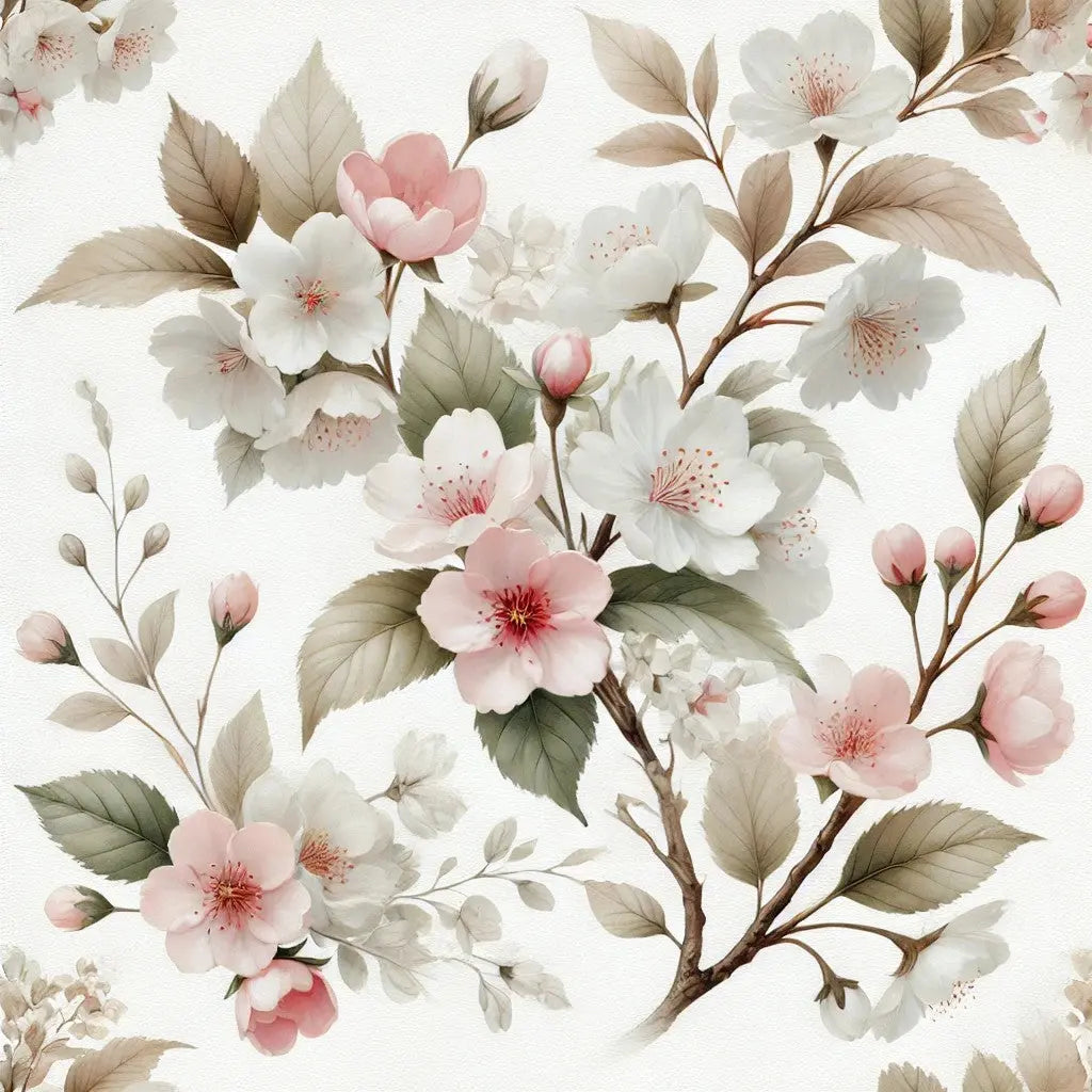 Verspieltes Blütenmuster in Weiß- und Rosatönen mit zarten Blättern auf pastellfarbenem Grund