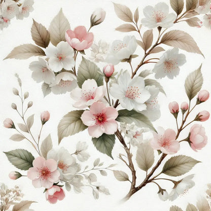 Verspieltes Blütenmuster in Weiß- und Rosatönen mit zarten Blättern auf pastellfarbenem Grund