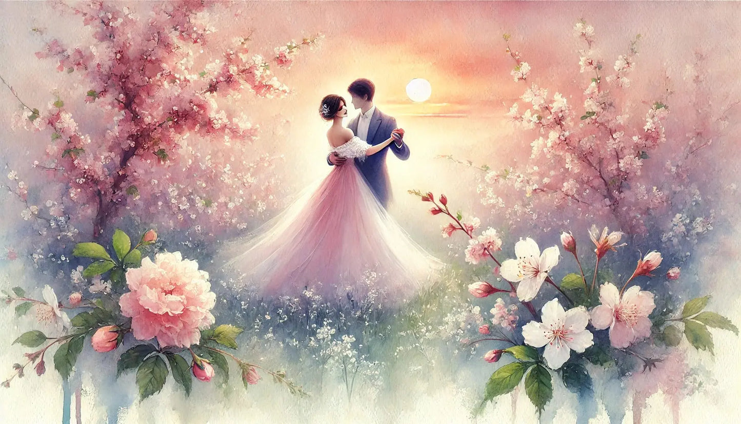 Paar tanzt in Kirschblütenlandschaft
Romantisches Brautpaar tanzt bei Sonnenuntergang zwischen blühenden Kirschbäumen, umgeben von pastellfarbenen Blumen.