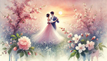 Paar tanzt in Kirschblütenlandschaft
Romantisches Brautpaar tanzt bei Sonnenuntergang zwischen blühenden Kirschbäumen, umgeben von pastellfarbenen Blumen.