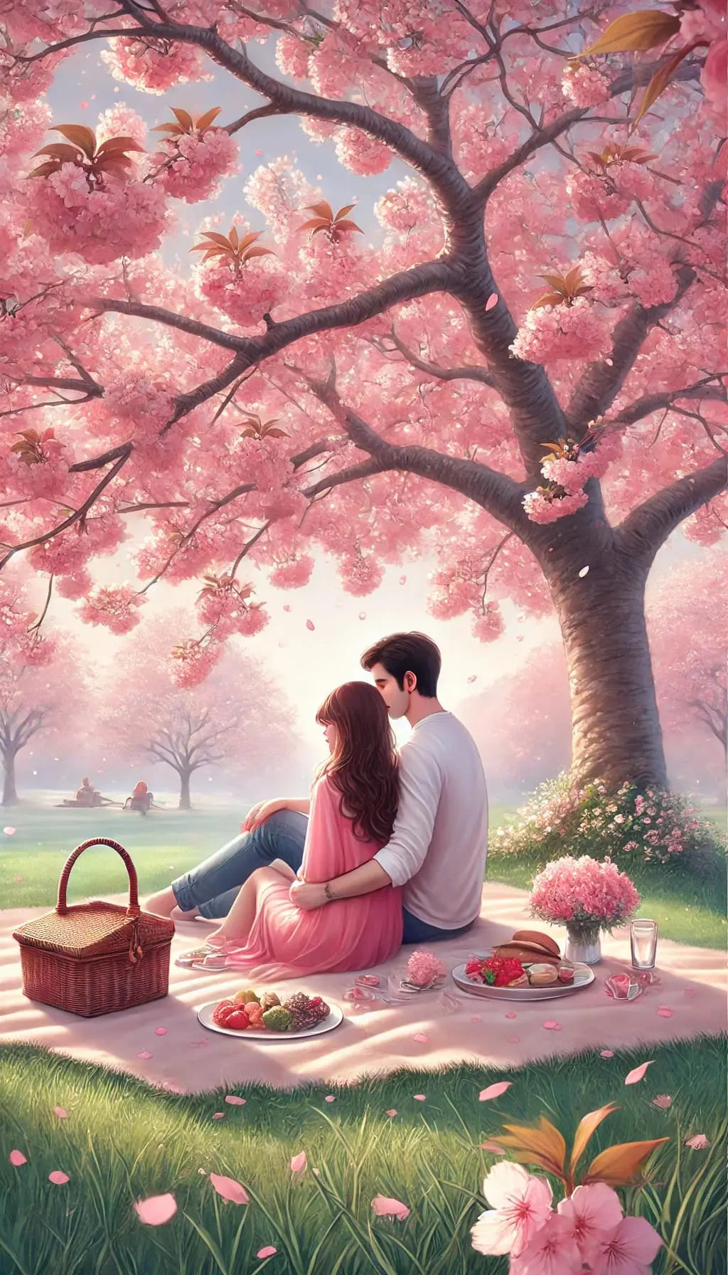Verliebtes Paar beim Picknick unter einem prachtvoll blühenden Kirschbaum – romantische Szene mit Picknickdecke und zarten Pastellfarben.
