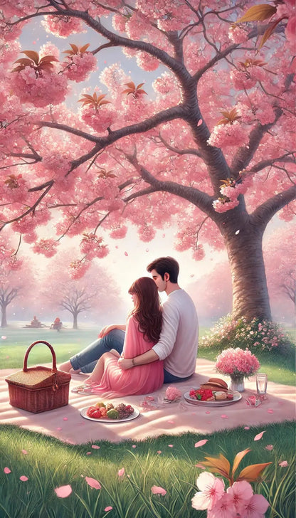 Verliebtes Paar beim Picknick unter einem prachtvoll blühenden Kirschbaum – romantische Szene mit Picknickdecke und zarten Pastellfarben.