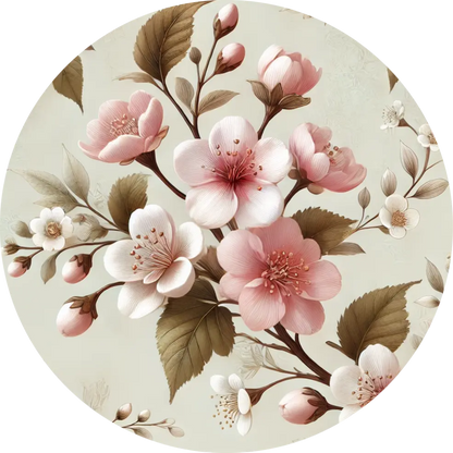 Hellrosa Kirschblüten auf beigem Grund mit traditionellem Stil