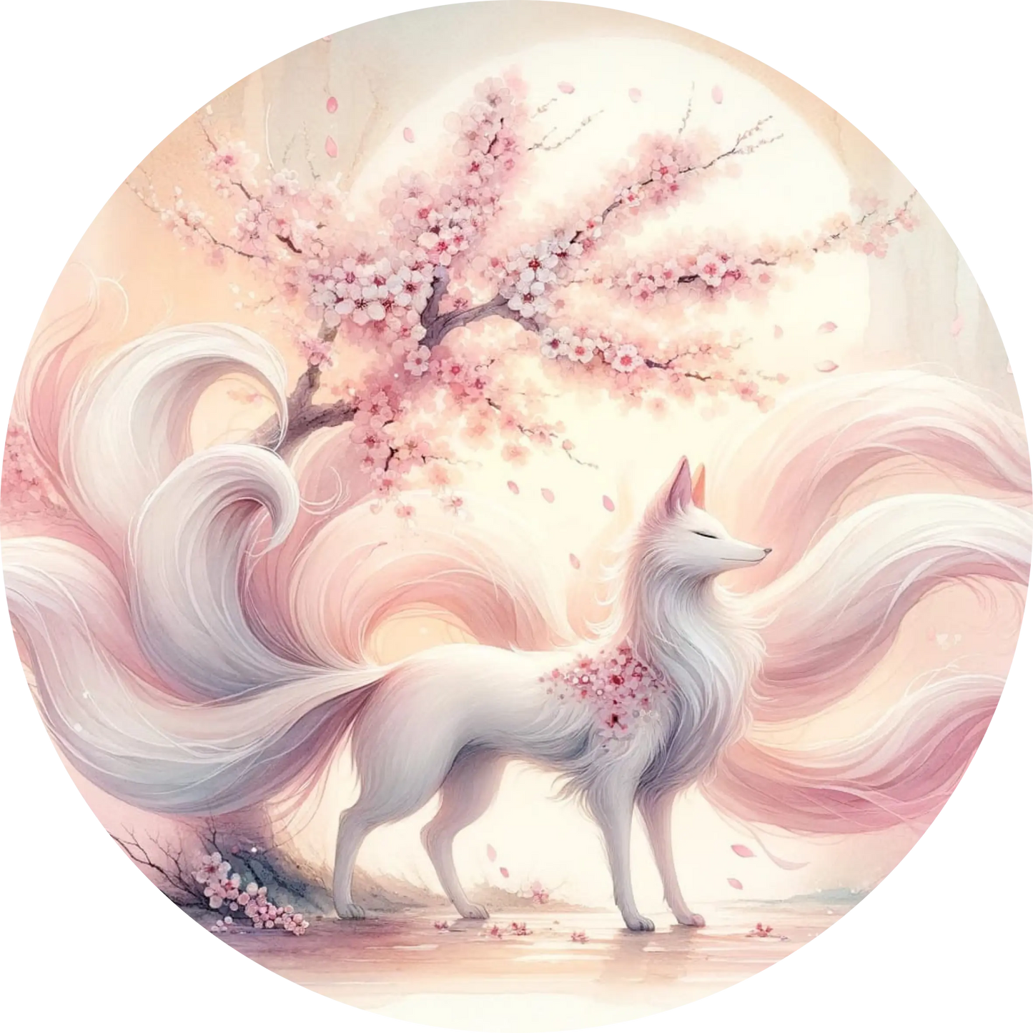 Zartrosa Kitsune in Kirschblüten Landschaft