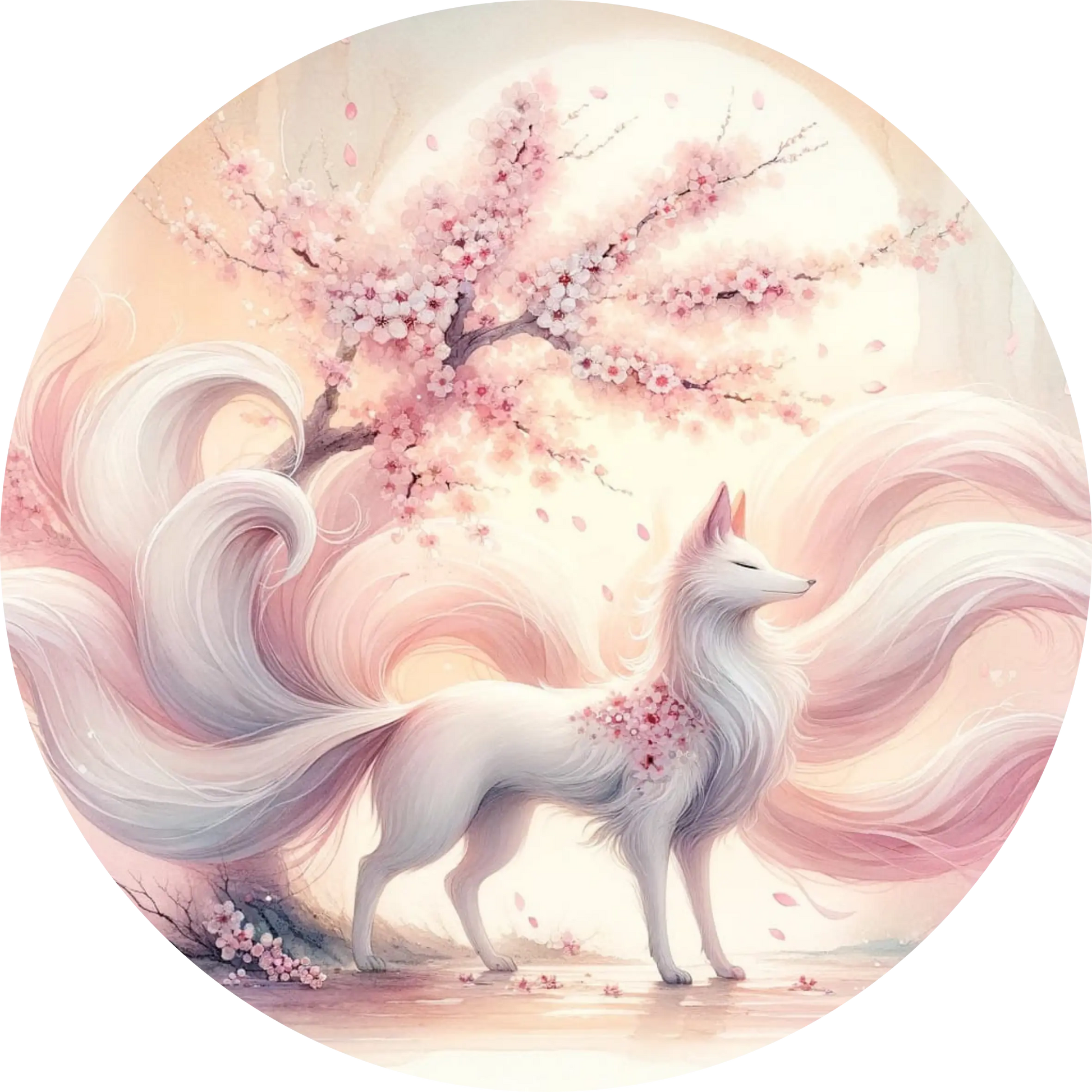 Zartrosa Kitsune in Kirschblüten Landschaft