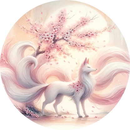 Zartrosa Kitsune in Kirschblüten Landschaft