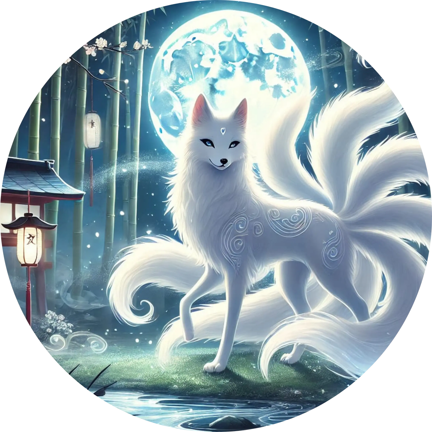 Weißer Kitsune vor Bambuswald und bei Vollmond
