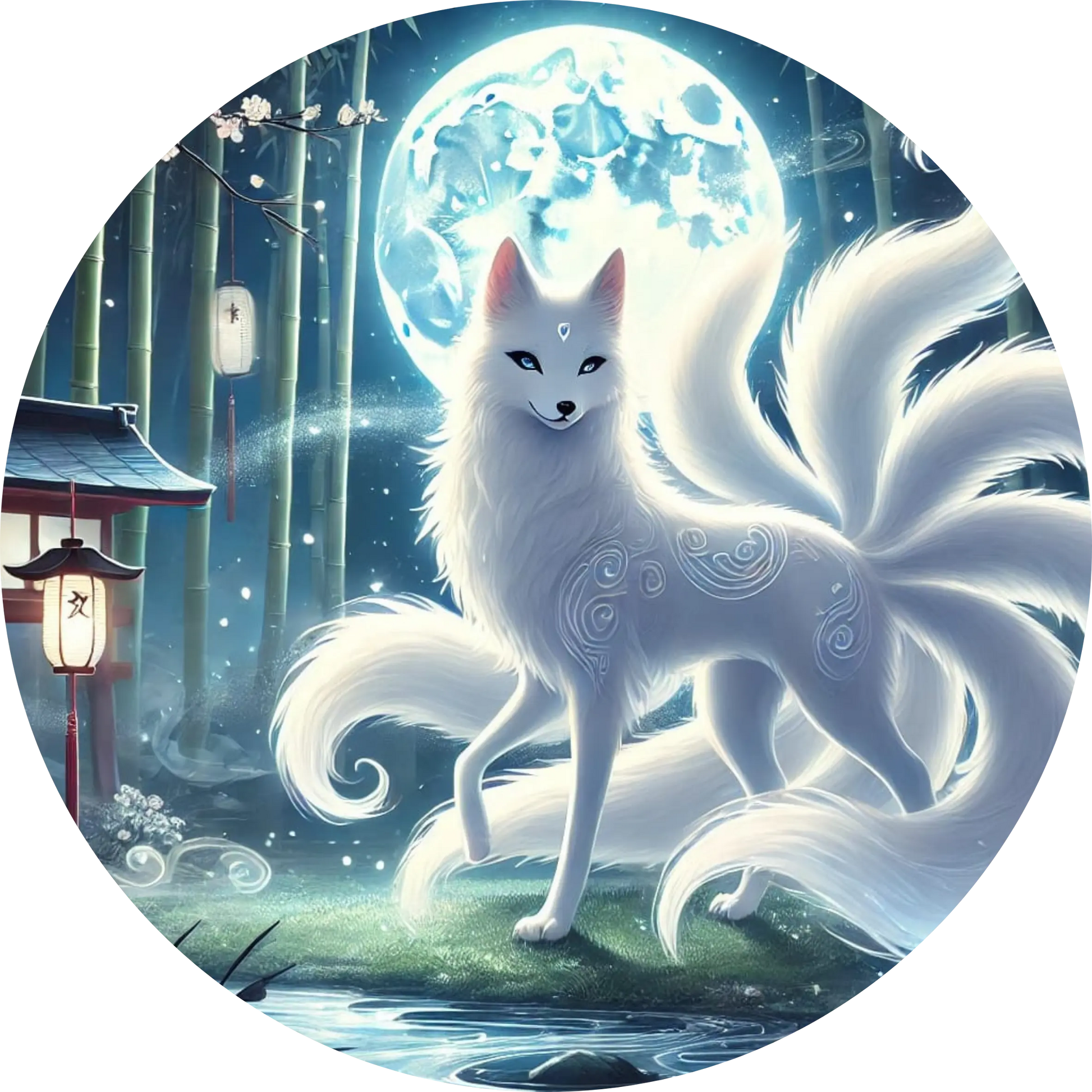 Weißer Kitsune vor Bambuswald und bei Vollmond