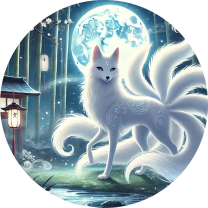 Weißer Kitsune vor Bambuswald und bei Vollmond