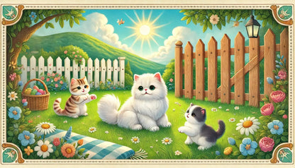 Katzen vor Zaun auf Frühlingswiese mit bunten Blüten.