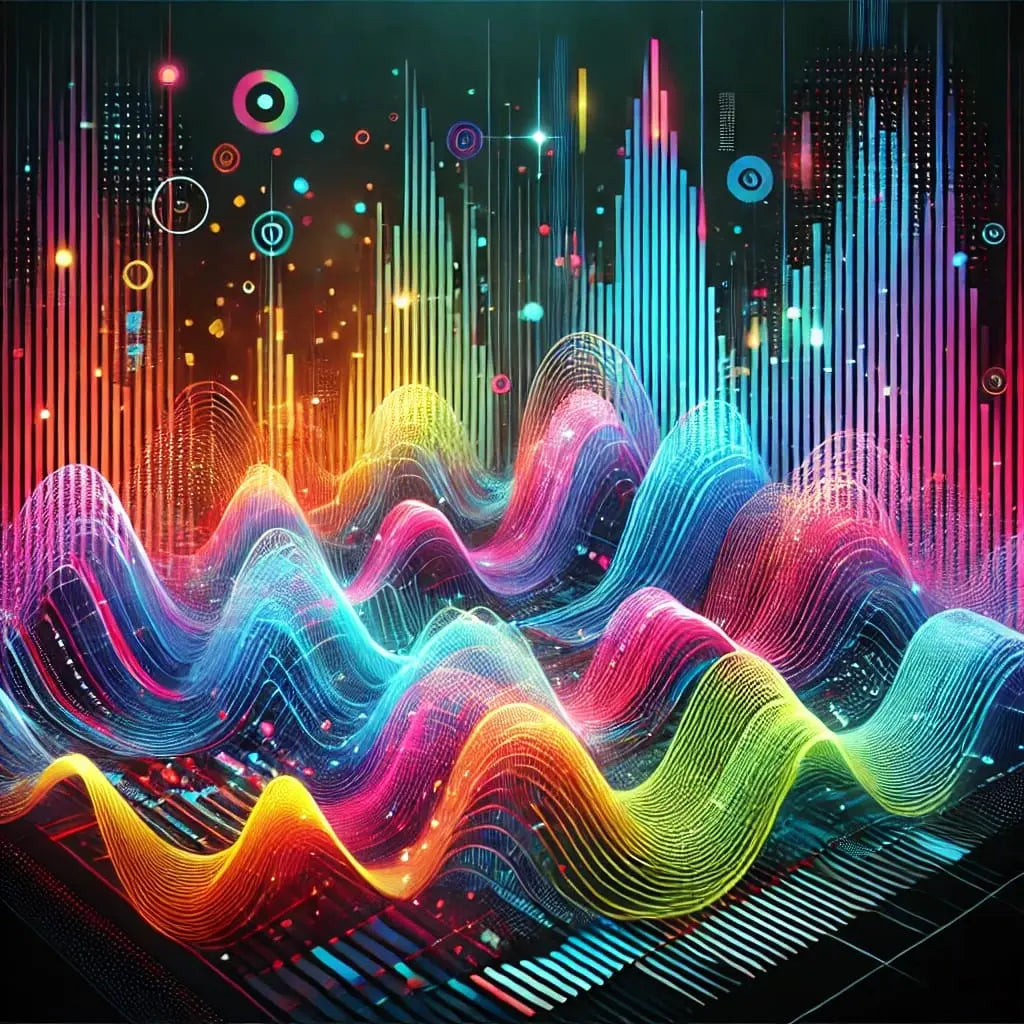 Farbiger Klangfluss – Wellenförmige Linien in Neonfarben symbolisieren Musik und Rhythmus auf abstrakte Weise.