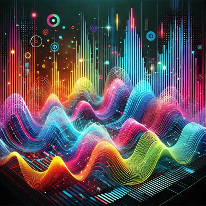 Farbiger Klangfluss – Wellenförmige Linien in Neonfarben symbolisieren Musik und Rhythmus auf abstrakte Weise.