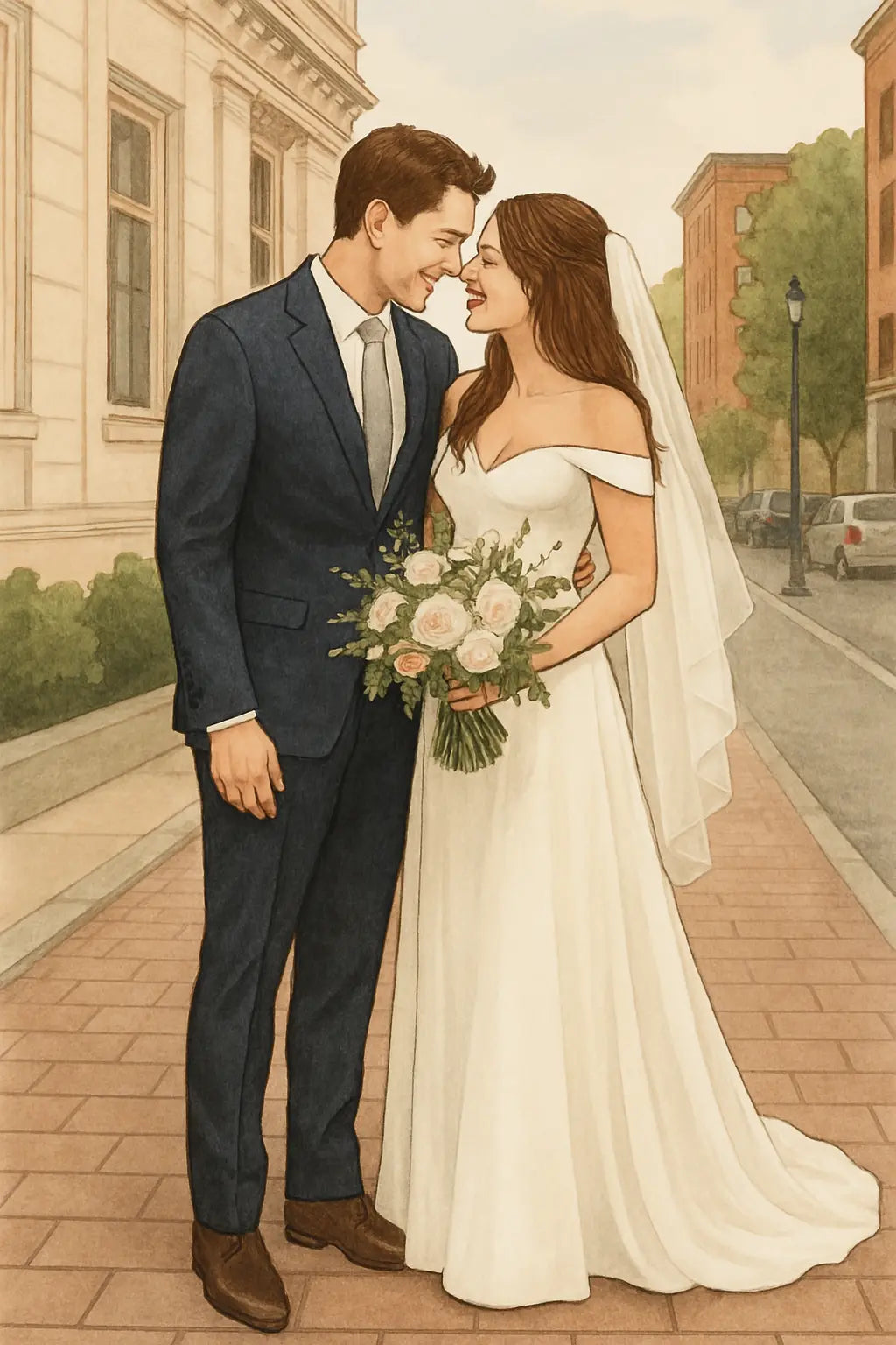 Brautpaar posiert lachend vor einem historischen Gebäude – sie hält einen Strauß weißer Rosen, beide tragen klassische Hochzeitskleidung.