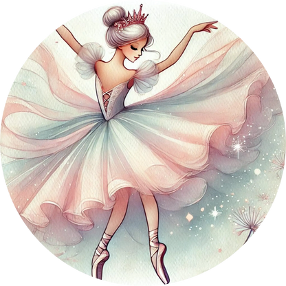 Klassische Ballerina mit ausgestreckten Armen und wehendem Tutu – elegante Darstellung auf hellem Fond