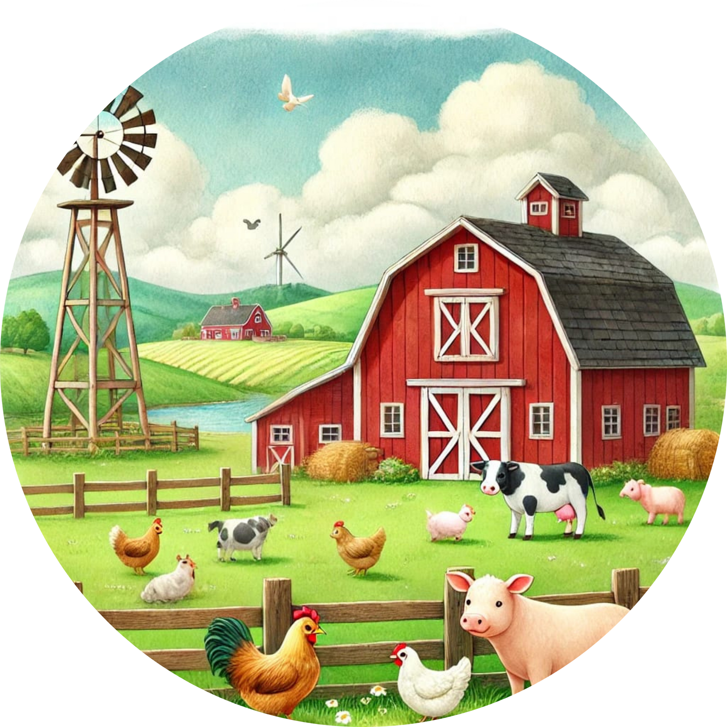 Klassischer Bauernhof mit Tieren vor Windmühle und Feld