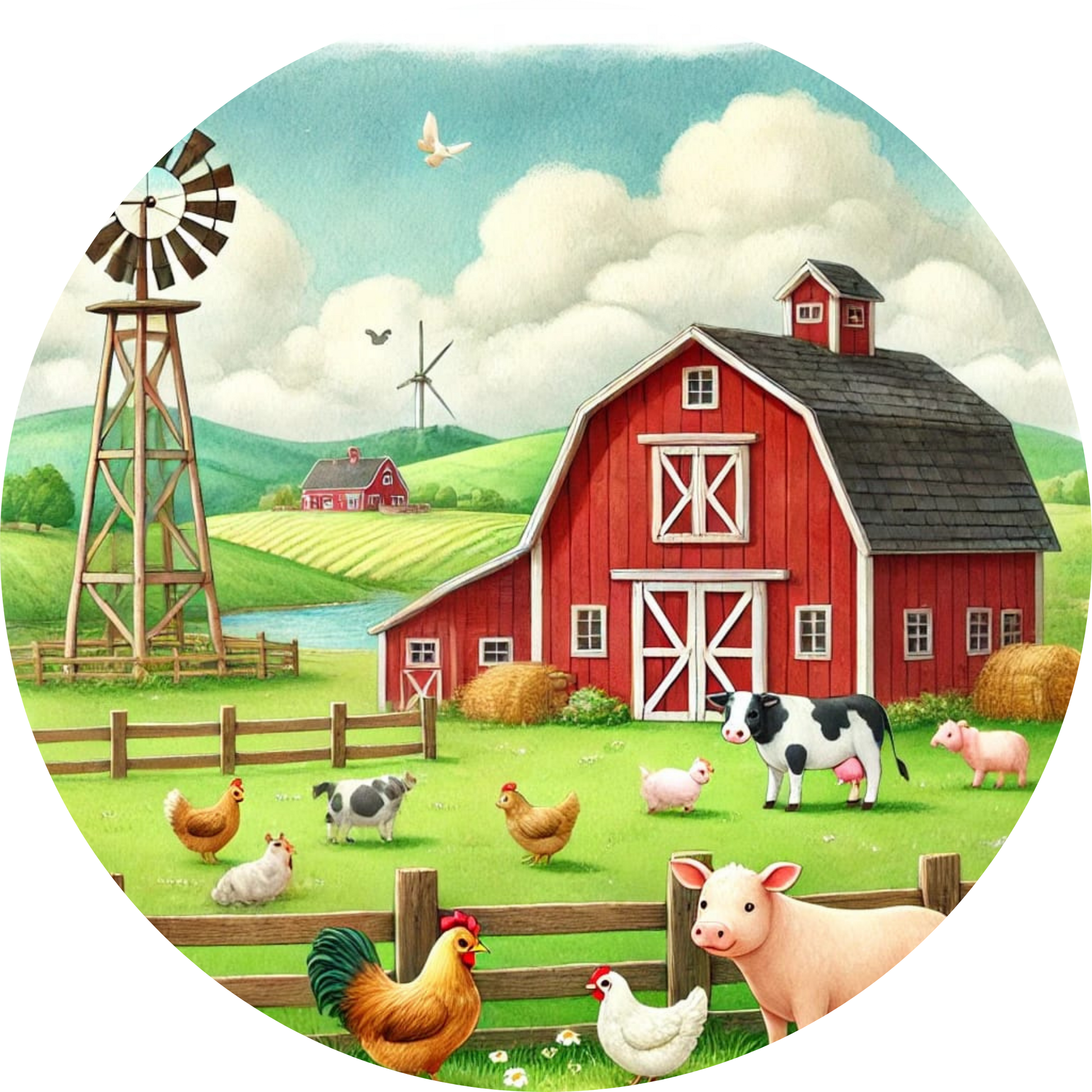 Klassischer Bauernhof mit Tieren vor Windmühle und Feld