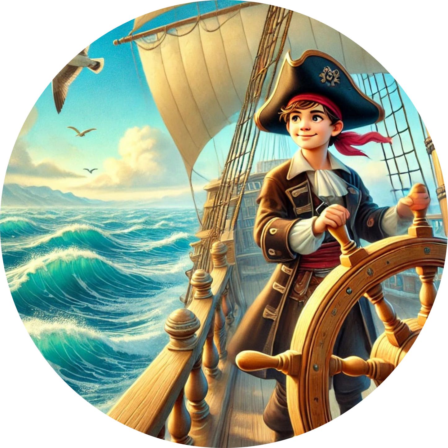 Klassischer Pirat mit Fernrohr blickt über das Meer, dramatischer Hintergrund
