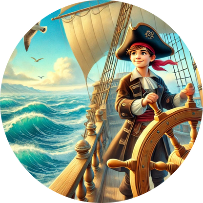 Klassischer Pirat mit Fernrohr blickt über das Meer, dramatischer Hintergrund
