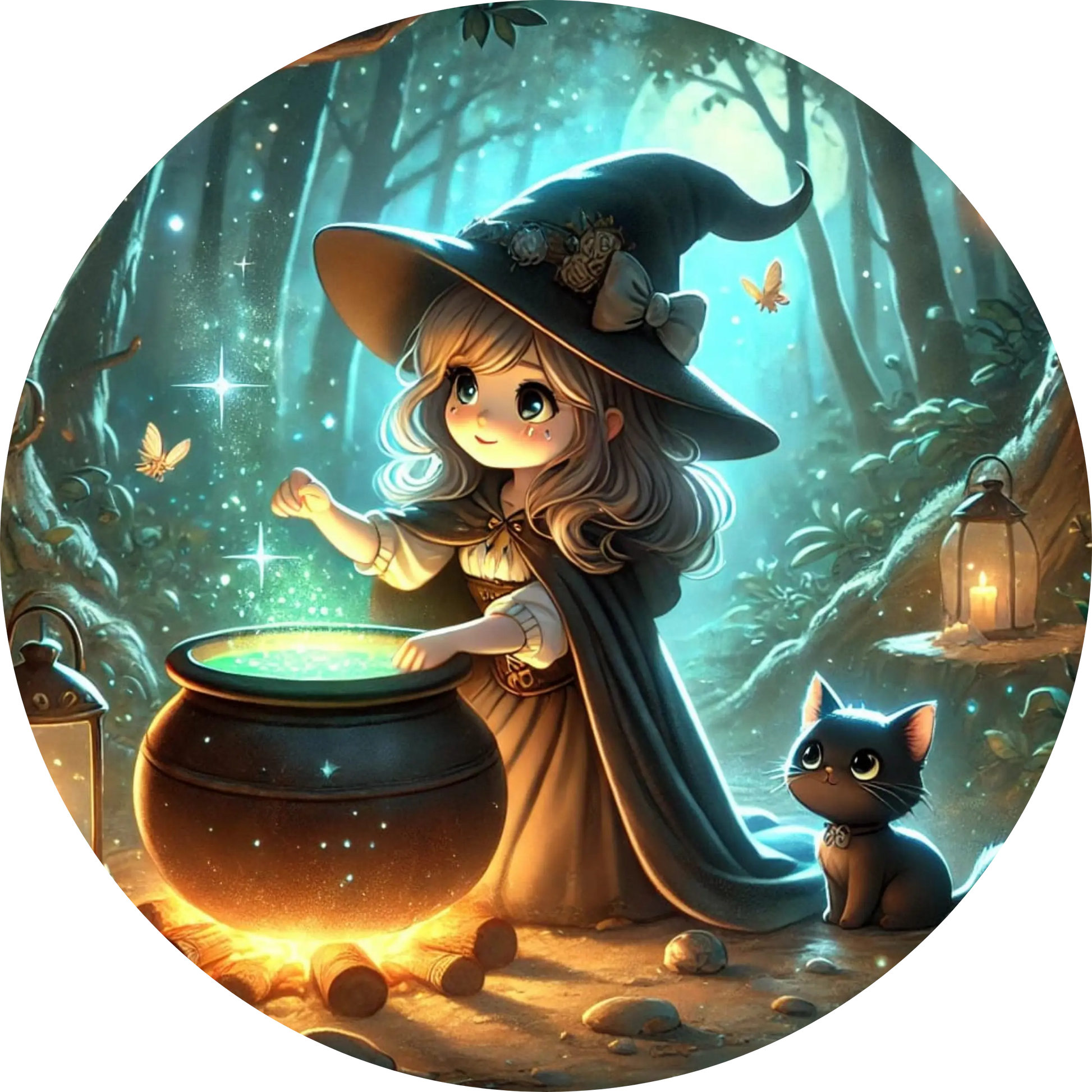 Kleine Hexe mit Zaubertrank in funkelndem Zauberwald