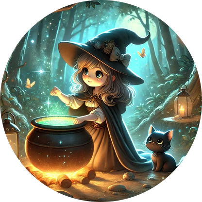 Kleine Hexe mit Zaubertrank in funkelndem Zauberwald