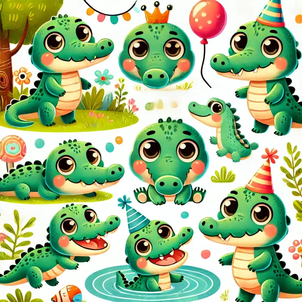 Lustige Krokodile auf weißem Hintergrund in verschiedenen Posen.

